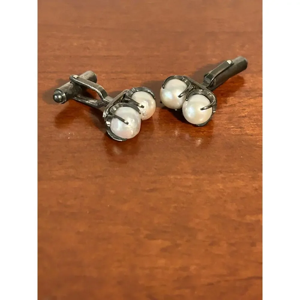 Vintage 925 Sterling Silver Natural Baroque Pearl Cufflinks Men's Formalwear